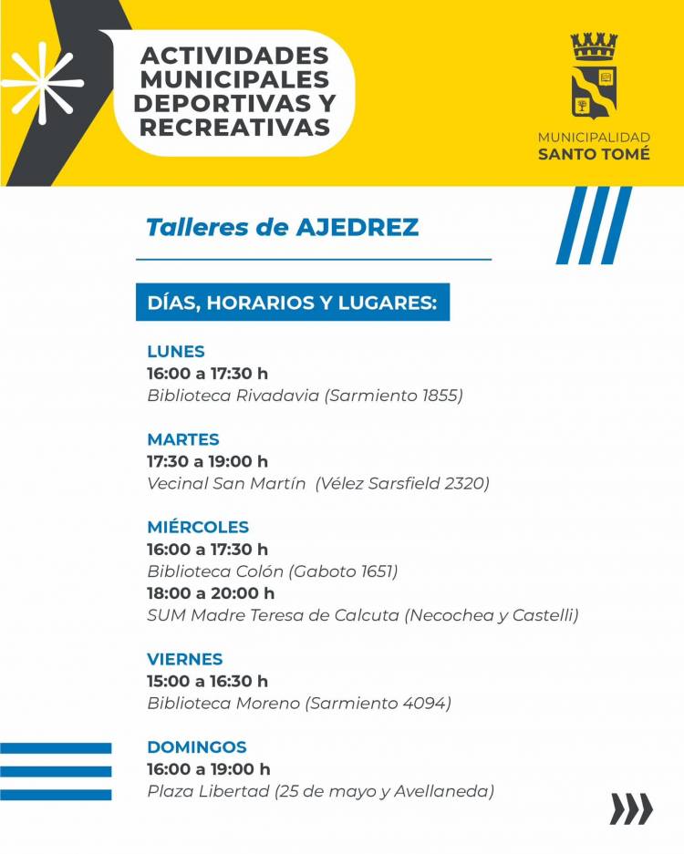 La Municipalidad invita a participar de los talleres de ajedrez en Santo Tomé